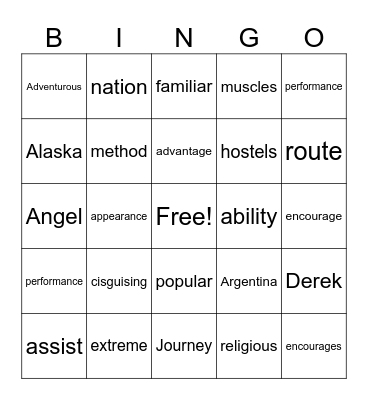 NTRE 1,1 Units 1-2 Vocabulary Bingo Card