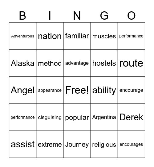 NTRE 1,1 Units 1-2 Vocabulary Bingo Card