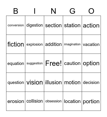 Lesson 119: -sion, -tion Bingo Card