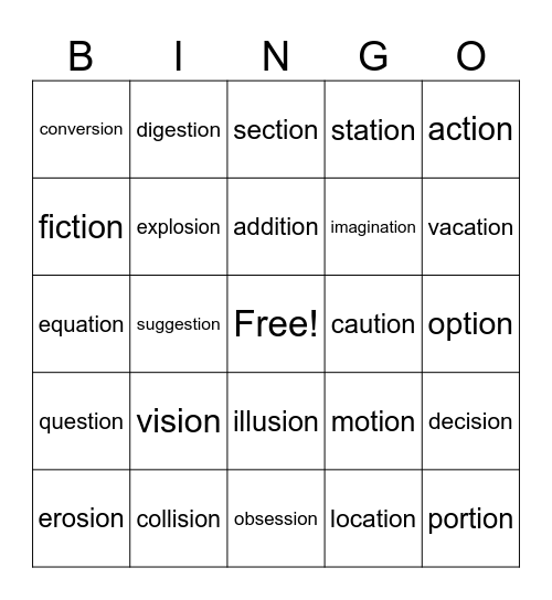 Lesson 119: -sion, -tion Bingo Card