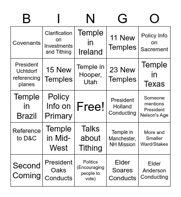 General Conference Bingo Card