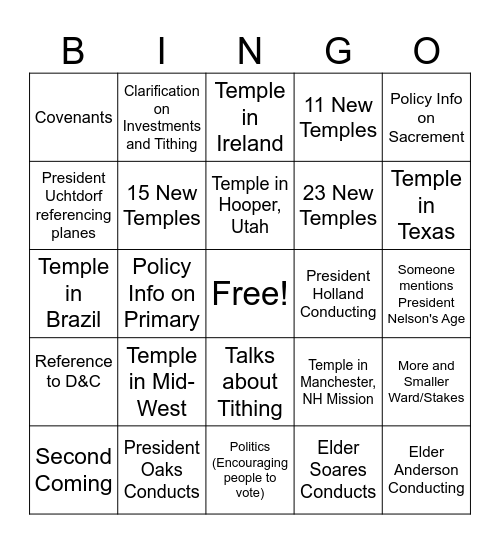 General Conference Bingo Card