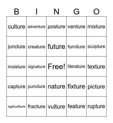 Lesson 120: -ture Bingo Card