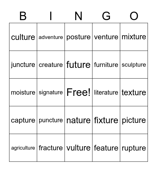 Lesson 120: -ture Bingo Card