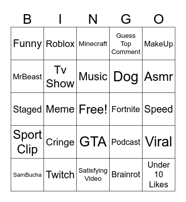 YT Shorts Bingo Card