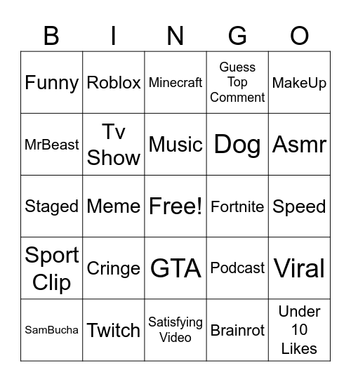 YT Shorts Bingo Card