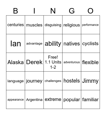 Vocabulary NTRE  1.1 Units 1-2 Bingo Card