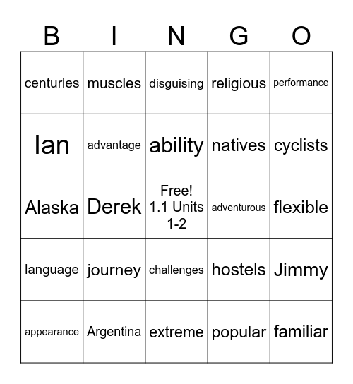 Vocabulary NTRE  1.1 Units 1-2 Bingo Card