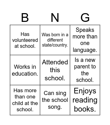 1st Grade Parent Bingo Card