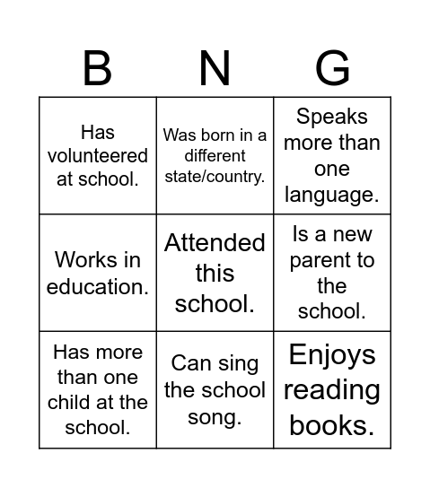 1st Grade Parent Bingo Card