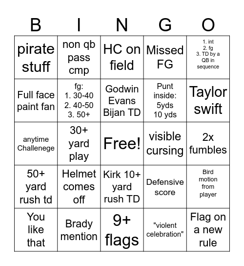 TNF TAM vs ATL Bingo Card