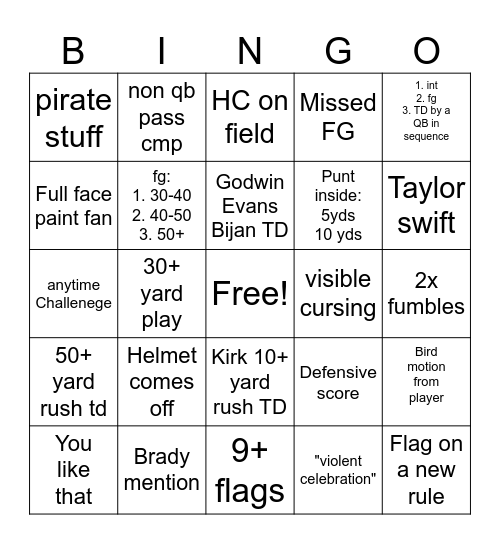 TNF TAM vs ATL Bingo Card