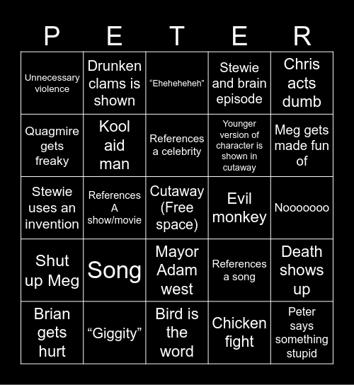 Family guy Bingo Card