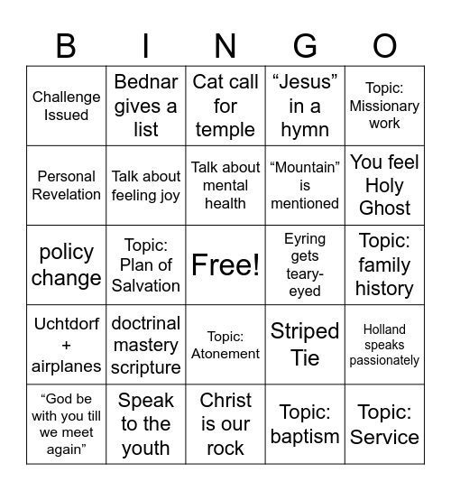 General Conference Bingo Card