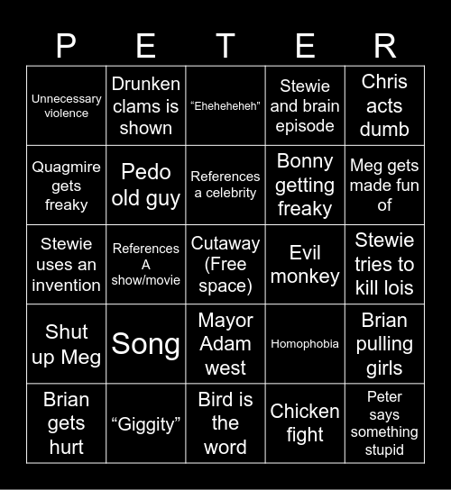 Family guy Bingo Card