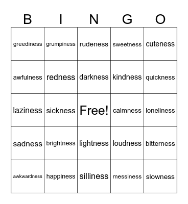 Lesson 124: -ness Bingo Card