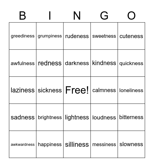 Lesson 124: -ness Bingo Card