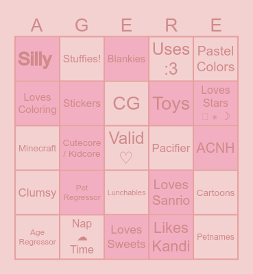 Age Regression Bingo Card