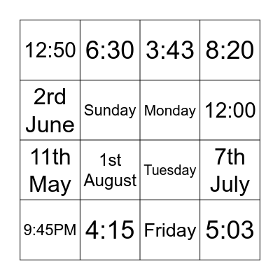 TIME AND DATE BINGO Card