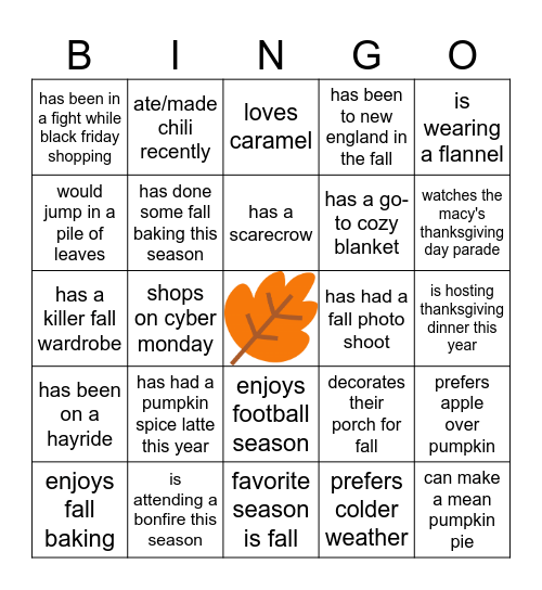 Fall Bingo Card