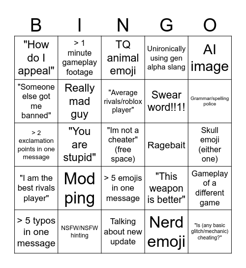 Rivals Discussion Bingo Card