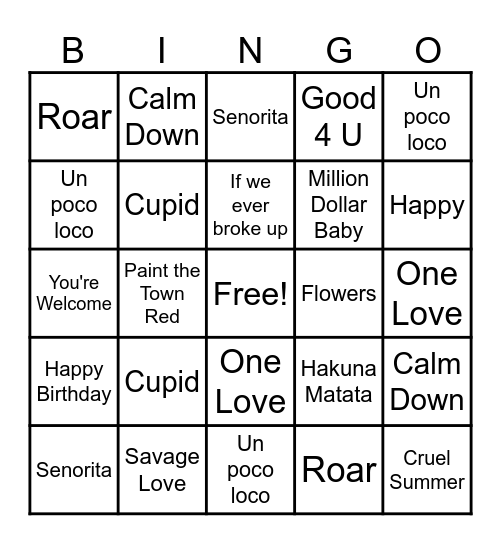 Junior's Kidz Bop Bingo Card