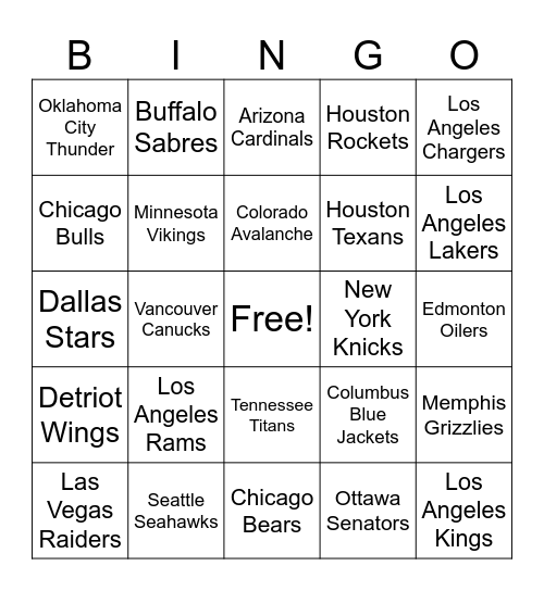 NFL/NHL/NBA Teams Bingo Card