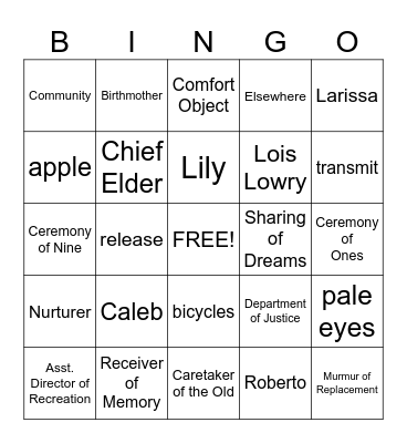 The Giver Bingo Card