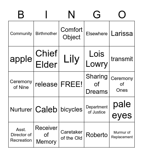 The Giver Bingo Card