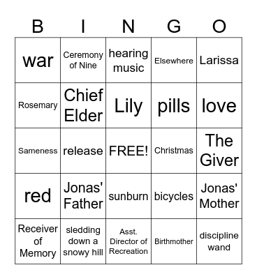 The Giver Bingo Card