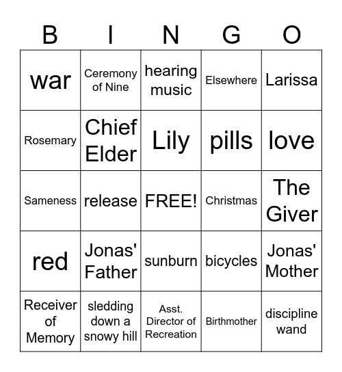 The Giver Bingo Card