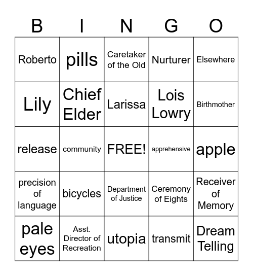 The Giver Bingo Card