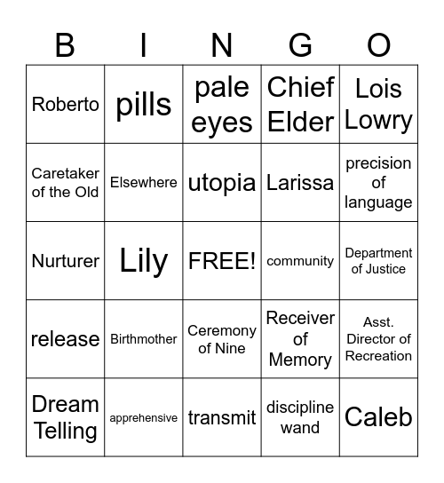The Giver Bingo Card