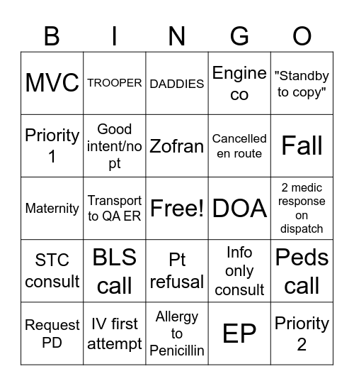 EMS Bingo Card