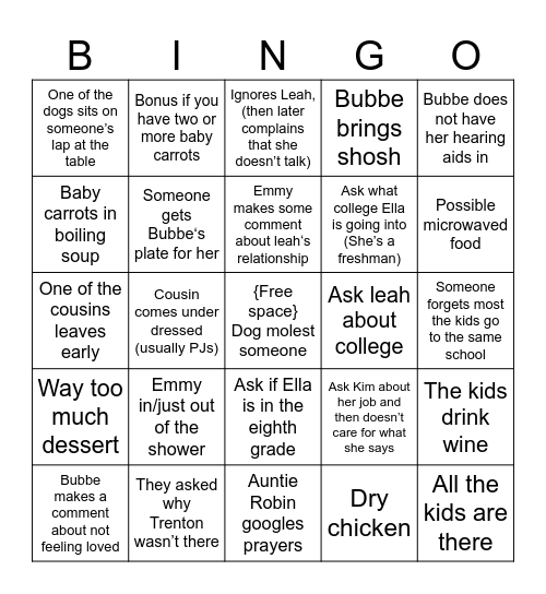 Family holidays Bingo Card