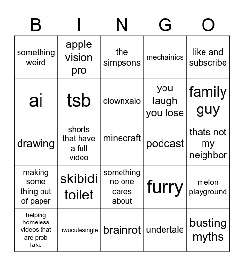 shorts Bingo Card