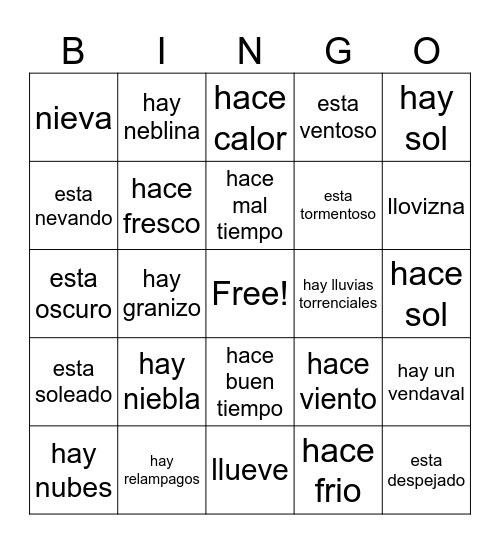 El Clima/ El Tiempo Bingo Card