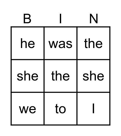 Heart Word Bingo 1-3 Bingo Card