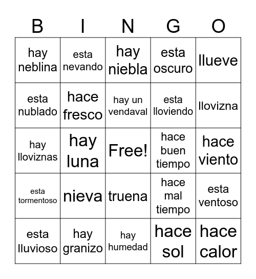 El Clima/ El Tiempo Bingo Card