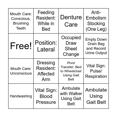 CNA Skills Supplies BINGO       Name:_______ Bingo Card