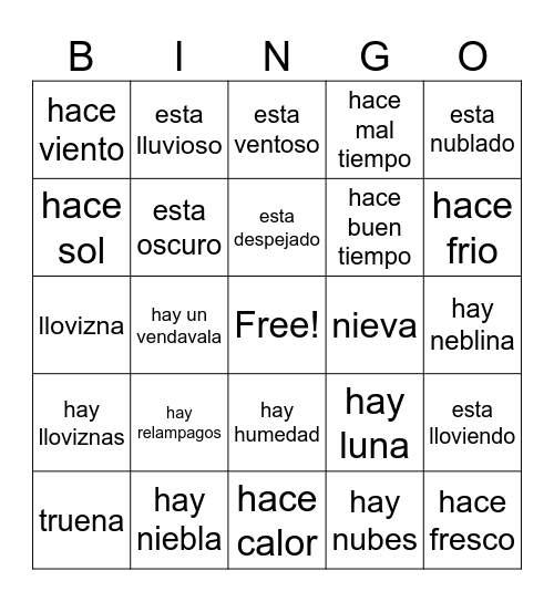 El clima/ el tiempo Bingo Card