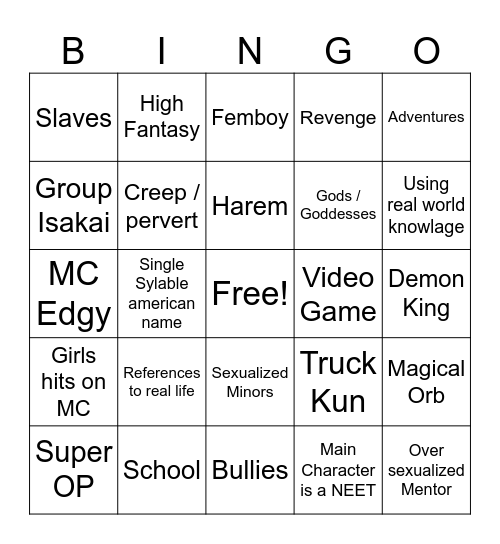 Isakai Bingo Card