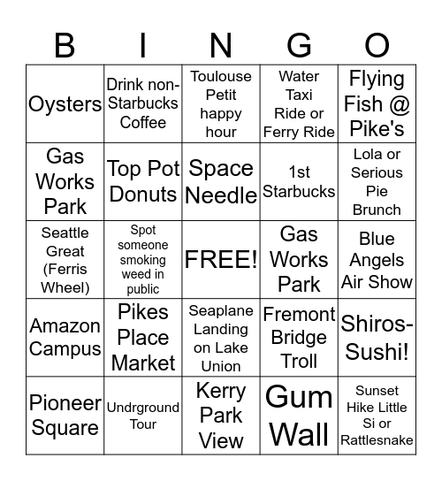 Sonny + Gwen's Seattle Bingo! Bingo Card