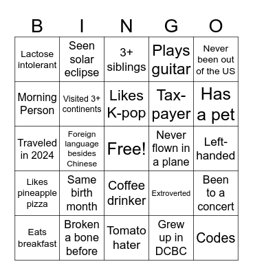 DCBC Youth Bingo Card