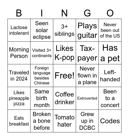DCBC Youth Bingo Card