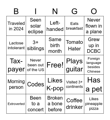 DCBC Youth Bingo Card