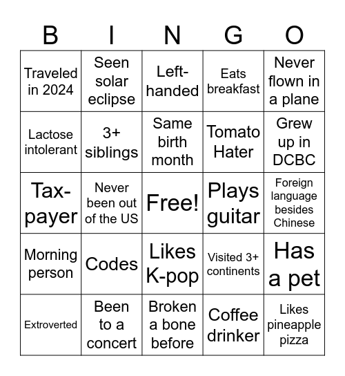 DCBC Youth Bingo Card