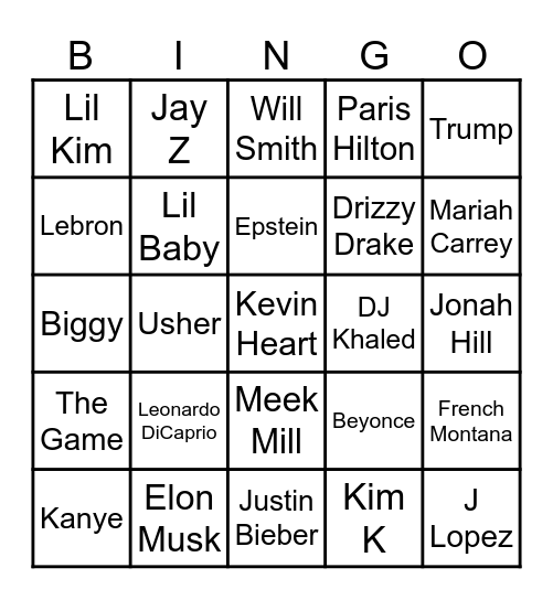 Diddy List Bingo Card