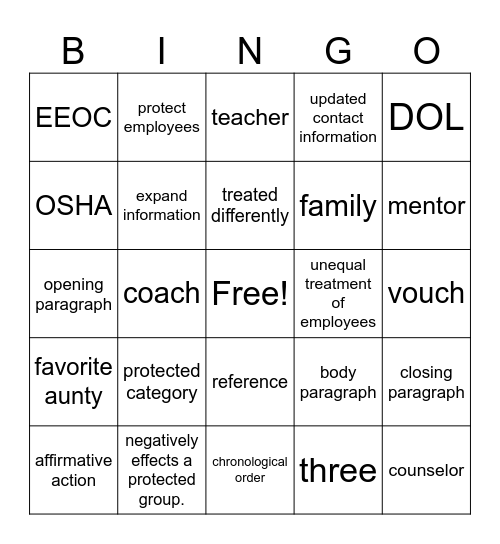 Employee Rights Bingo Card