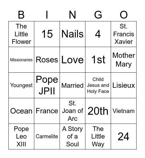 St. Therese Bingo Card